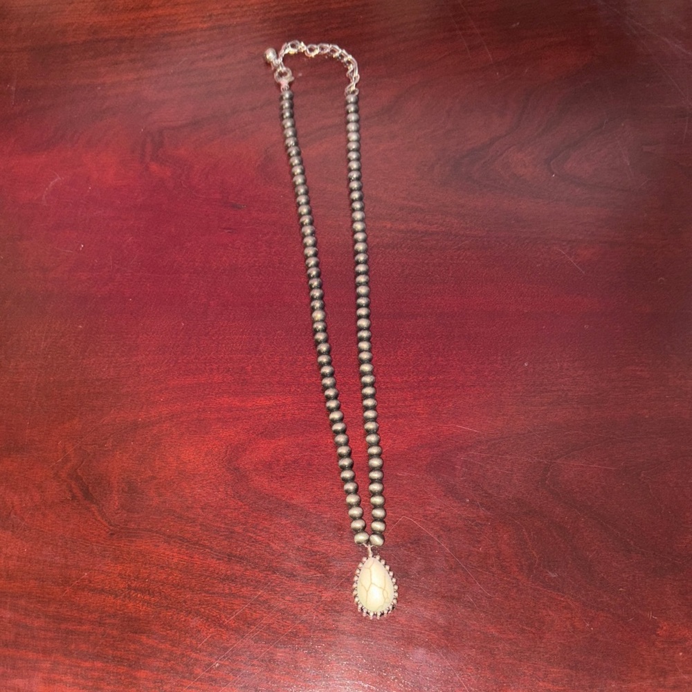 Faux Beaded Necklace with white Pendant